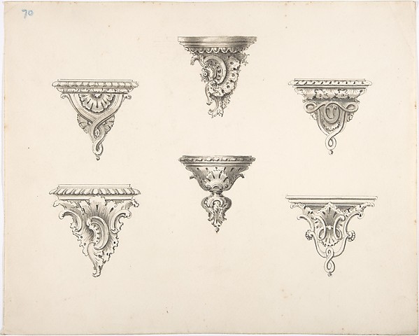Anonymous, British, 19th century, Design for Six Brackets with Rocaille Ornament and Strapwork