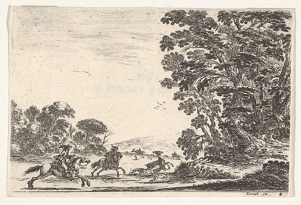 Stefano della Bella, Plate 4: a deer hunt, two horsemen galloping towards the left behind three dogs and a deer, a group of trees to right, from "Various Figures" (Agréable diversité de figures)