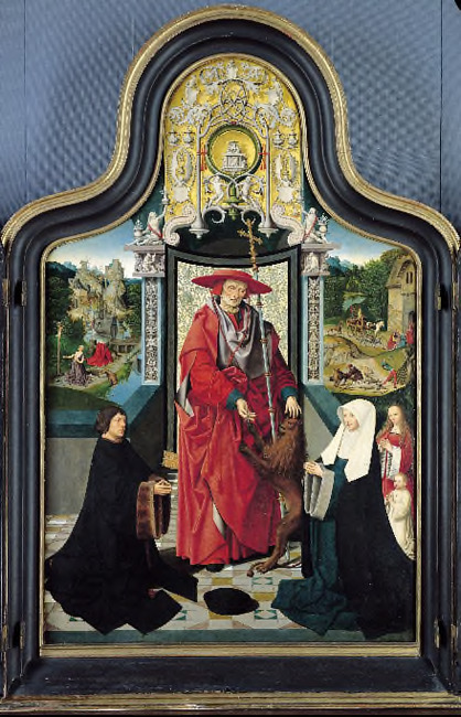 Jacob Cornelisz van Oostsanen, Een stichterspaar en hun kinderen in aanbidding voor de H. Hieronymus. In de achtergrond taferelen uit het leven van Hieronymus