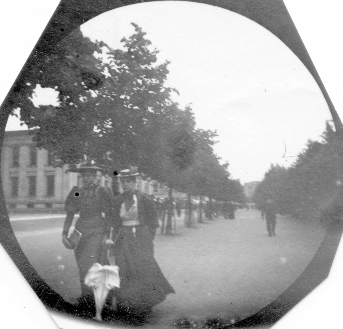 Fredrik Carl Mülertz Størmer, Frk. Aagot Tingulstad, senere gift Wischmann, og en annen kvinne spaserer i Studenterlunden, Oslo.