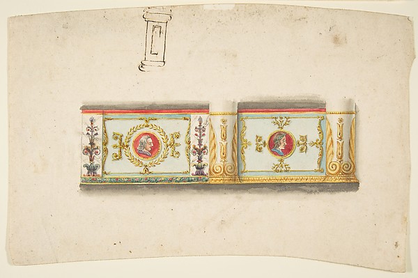 Anonymous, French, 19th century, Design for a Decorative Wall Panel with Profile Portraits, and a Study for a Column