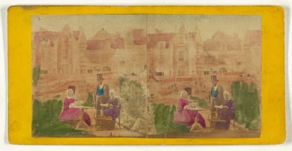Unknown, [Man in top hat with two seated women in a large garden with numerous buldings in background]