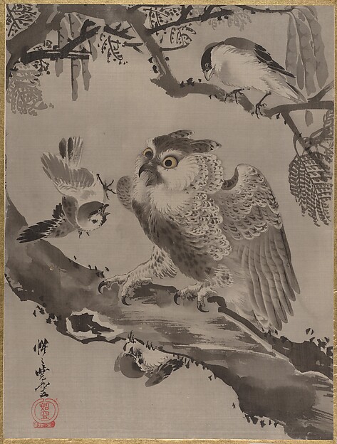 Kawanabe Kyōsai 河鍋暁斎, Owl Mocked by Small Birds