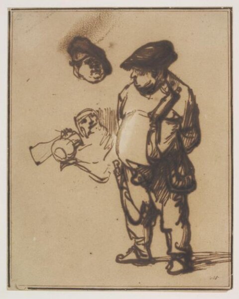 Rembrandt van Rijn, Study of the actor Willem Ruyter as a countryman, with alternative study of his head, and a bust-length study of a figure (c.q. kan?) holding a jug