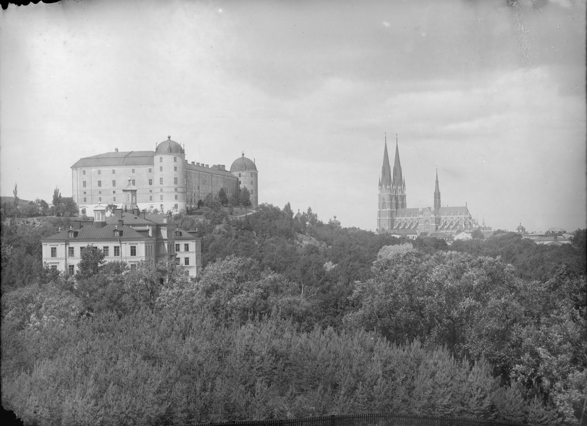 Henri Osti's Fotografiateliér, Akademiska sjukhuset, Uppsala slott och Uppsala domkyrka från Kronåsen 1892