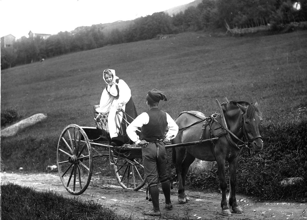 Solveig Lund, Mann og kvinne i nasjonaldrakt med hest og kjerre på landeveien.