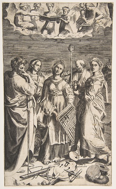 Giulio Bonasone, Saint Cecilia standing in the centre accompanied by Saint Paul, the Magdalene, Saint John the Evangelist, and Saint  Augustine