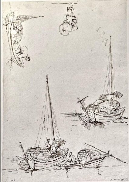George Chinnery, Studies of four Tanka boats, and a rear view of a Chinese man
