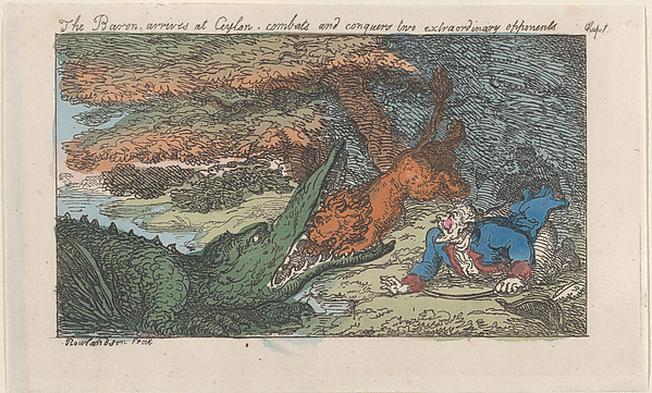Thomas Rowlandson, The Baron arrives at Ceylon, combats and conquers two extraordinary opponents