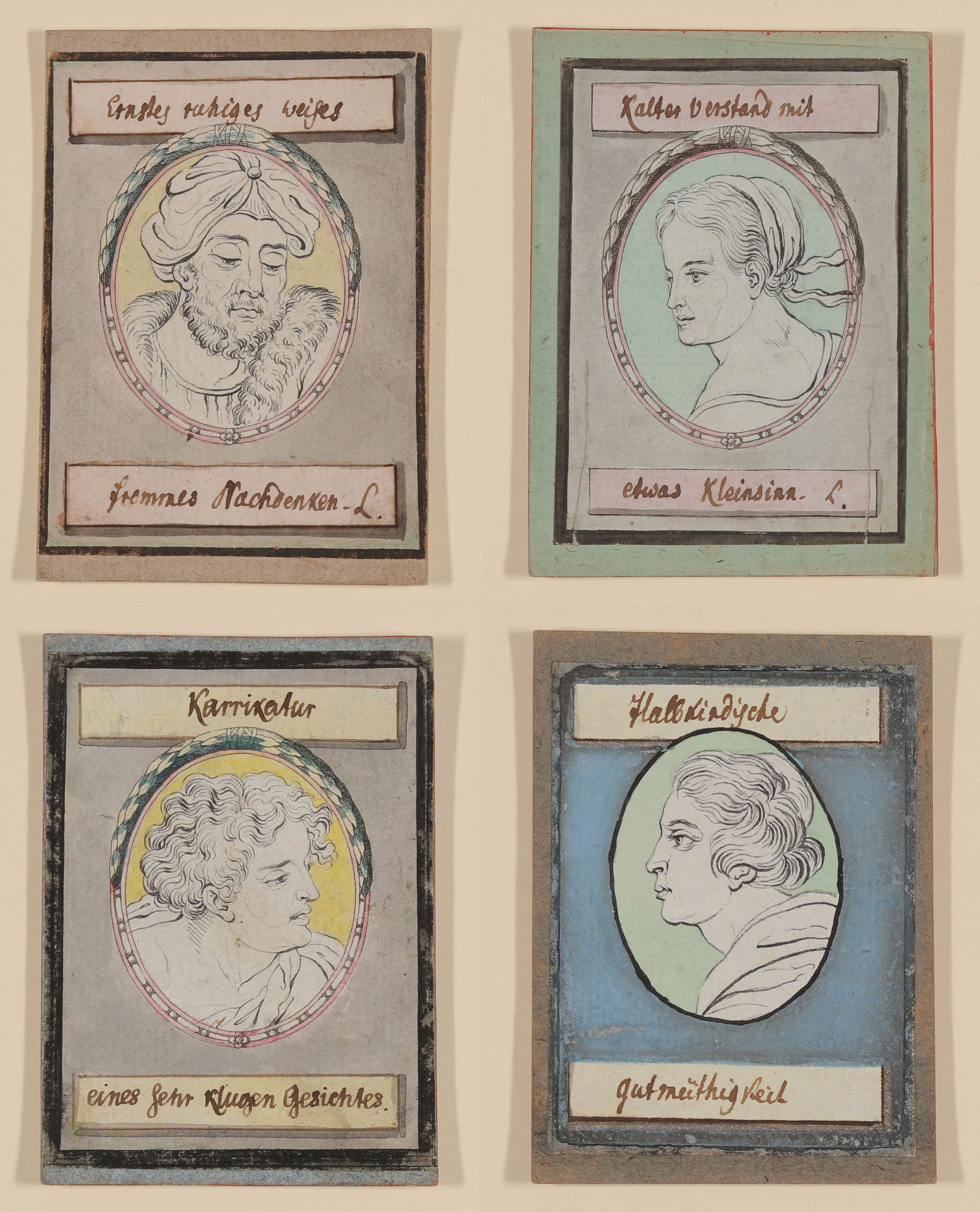 Johann Caspar Lavater, "Umrisse Koepfe" [Kassette mit 14 Köpfen in radiertem Oval, versehen mit Sentenzen von Lavaters Hand]