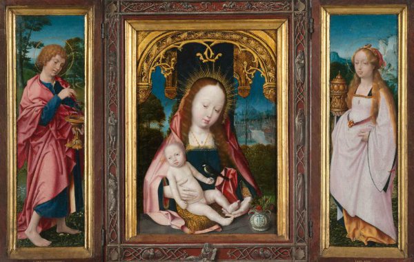 Jan Provoost, Triptych with Virgin and Child, Saint John the Evangelist (left wing) and Mary Magdalene (right wing)