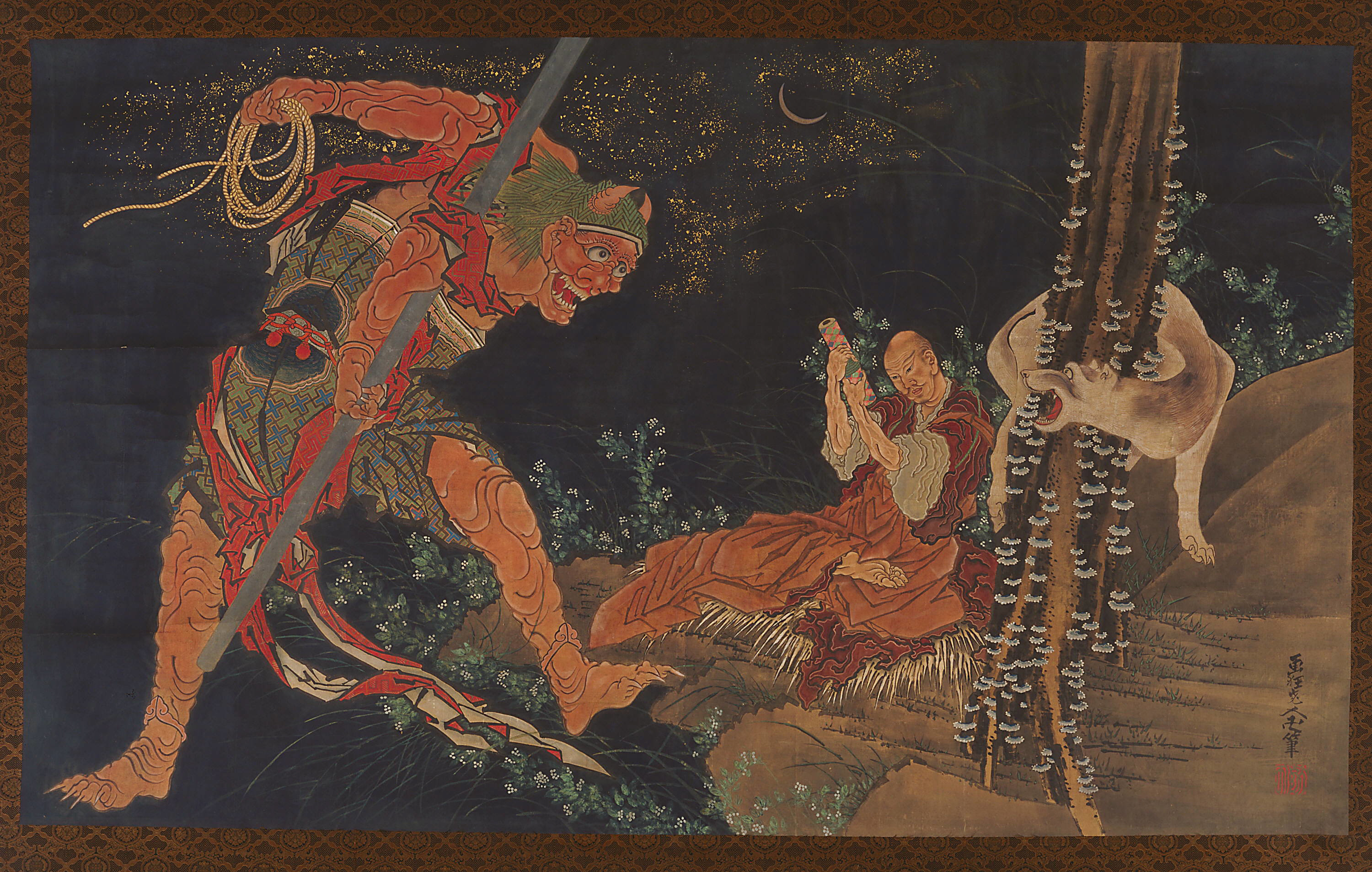 Katsushika Hokusai, A Priest (Kōbō Daishi) practicing the Tantra, a demon before him, and a wolf behind