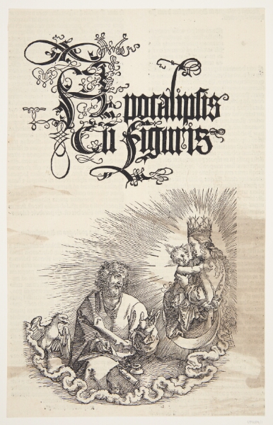 Albrecht Dürer, Jomfru Maria med barnet viser sig for Johannes. Titelblad til Johannes' Åbenbaring