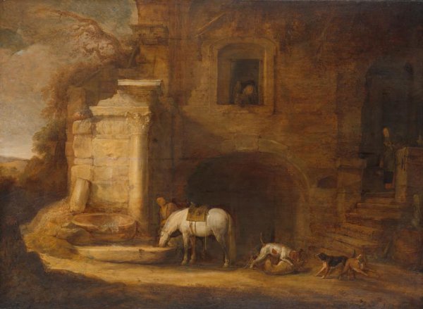 Simon de Vlieger, View of a Dilapidated Building with a Fountain