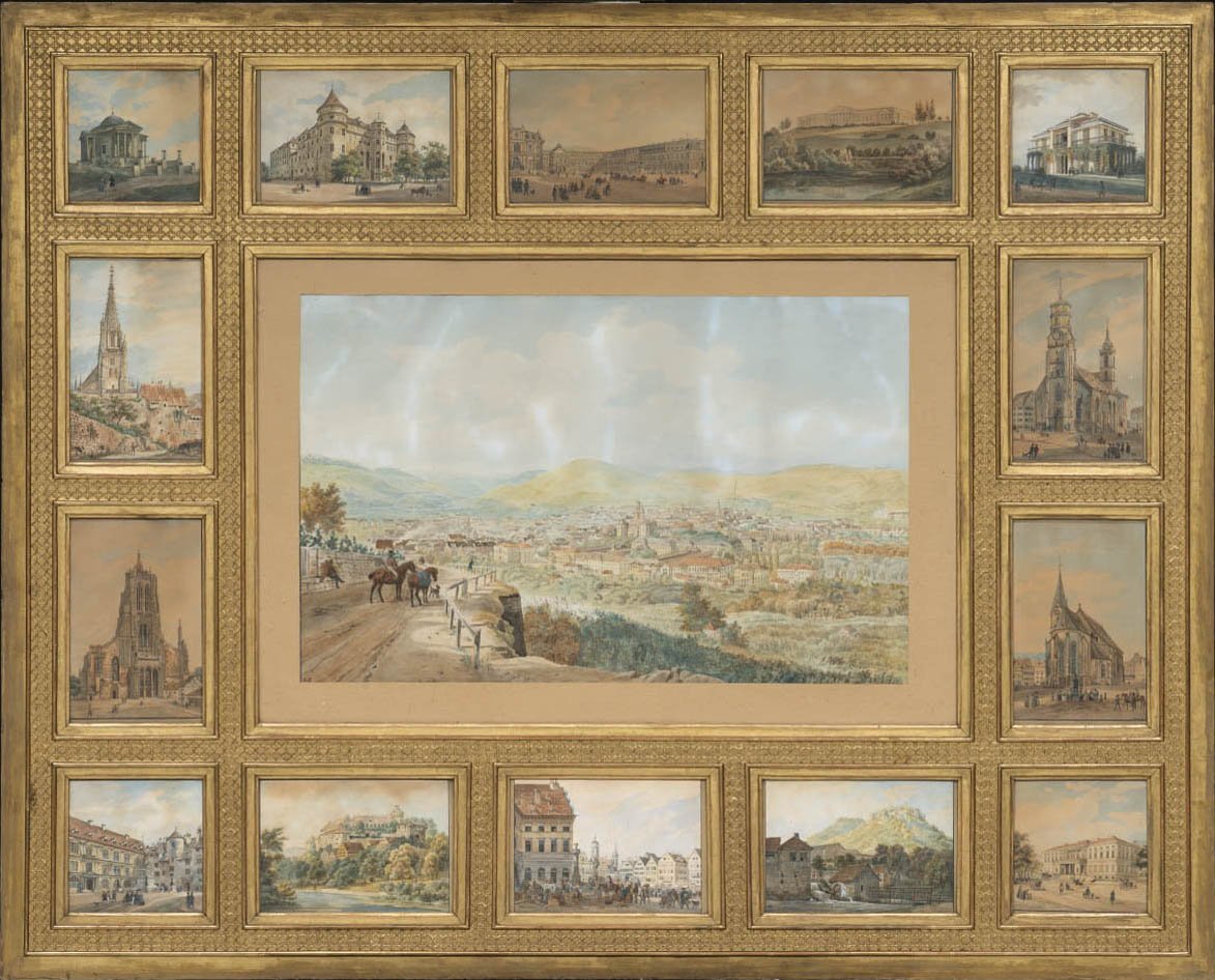 Heinrich Adam (Maler), Gesamtansicht von Stuttgart, umgeben von 14 kleinen Ansichten