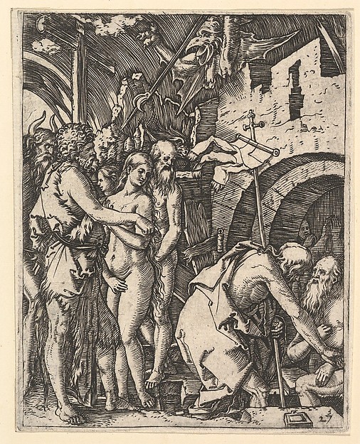 Marcantonio Raimondi, Christ in Limbo; Christ walking down to the arched gateway to Limbo on the right, on the left a group of people including Moses, John the Baptist, Adam and Eve, from "The Passion of Christ", after Dürer