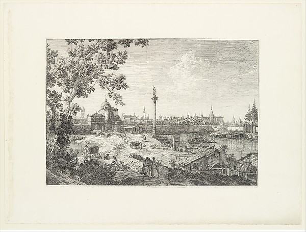 Canaletto (Giovanni Antonio Canal), Imaginary View of Padua, with a campanile and domed church at left, a column surmounted by a statue of a saint at center, and a cottage and water-mill at right in the foreground, from "Views" (Vedute altre prese da i luoghi altre ideate da Antonio Canal)