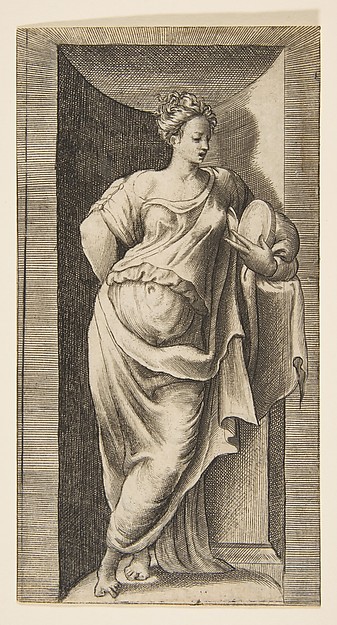 Giulio Bonasone, A muse standing in a niche, left arm resting in a ledge