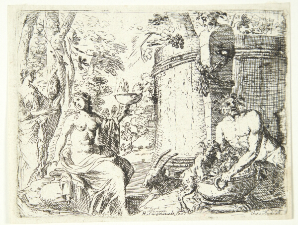 Herman van Swanevelt, To nymfer og en satyr siddende ved et vinanker