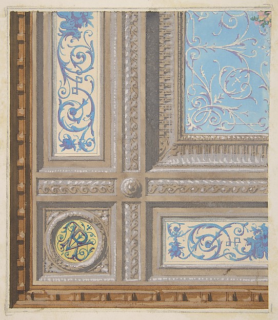 Jules-Edmond-Charles Lachaise, Design for the painted decoration of a coffered ceiling with initials:  VR