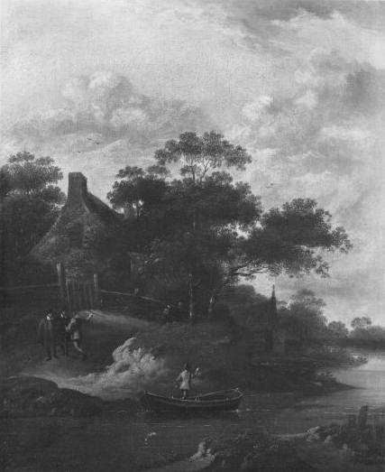 Jan Wijnants, Shore of a river with houses and trees