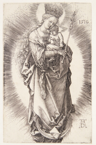 Albrecht Dürer, Madonna, med scepter og stjernekrone, stående på seglmåne