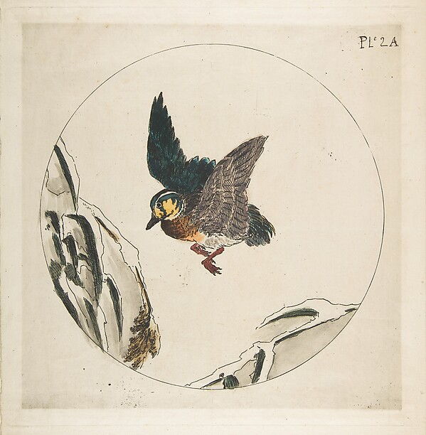 Félix Bracquemond, Decoration for a Plate: A Duck flying over Snow-covered Branches