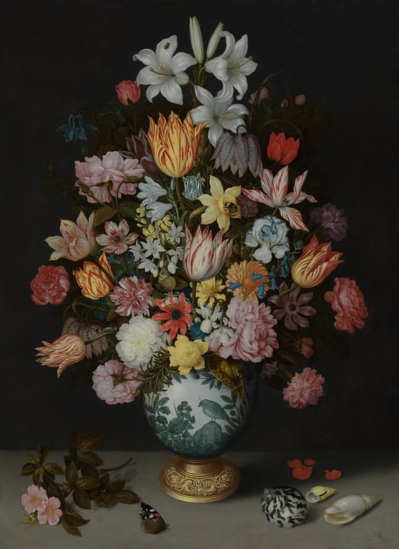 Ambrosius Bosschaert, A Still Life of Flowers in a Wan-Li Vase on a Ledge with further Flowers, Shells and a Butterfly