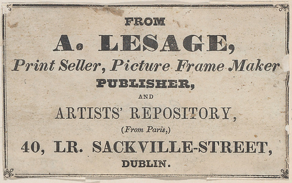 Anonymous, British, 19th century, Trade Card for A. Lesage, Printseller, Framer, and Publisher