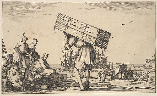 Stefano della Bella, Title page: a man carrying a case on his back in center, three men looking towards him on left, Medici coat of arms on ground to left, various boats and figures to right in the background, from "Set of eight nautical landscapes" (Suite de huit Marines)