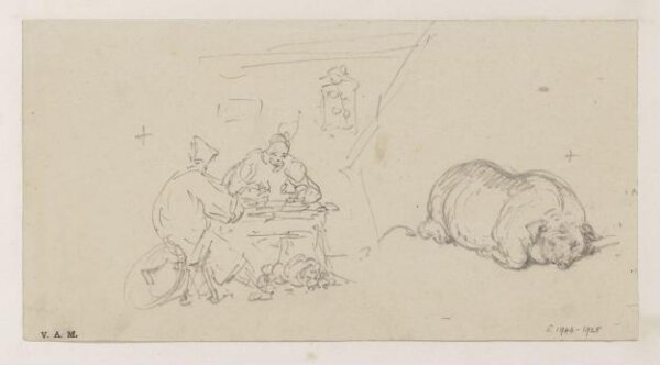 George Chinnery, Two figures seated at a stall, and a pig