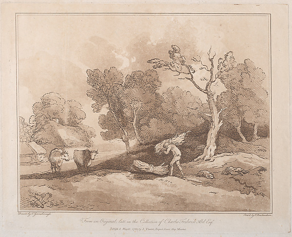 Thomas Rowlandson, Landscape with a Figure Carrying a Bundle of Branches, a Copice Behind, Two Cows in a Field at Left
