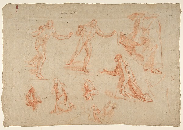 Andrea Sacchi, Figure and Drapery studies (recto); Three Studies of a Male Torso for the "Coronation of Marcantonio Pasqualini" (verso)