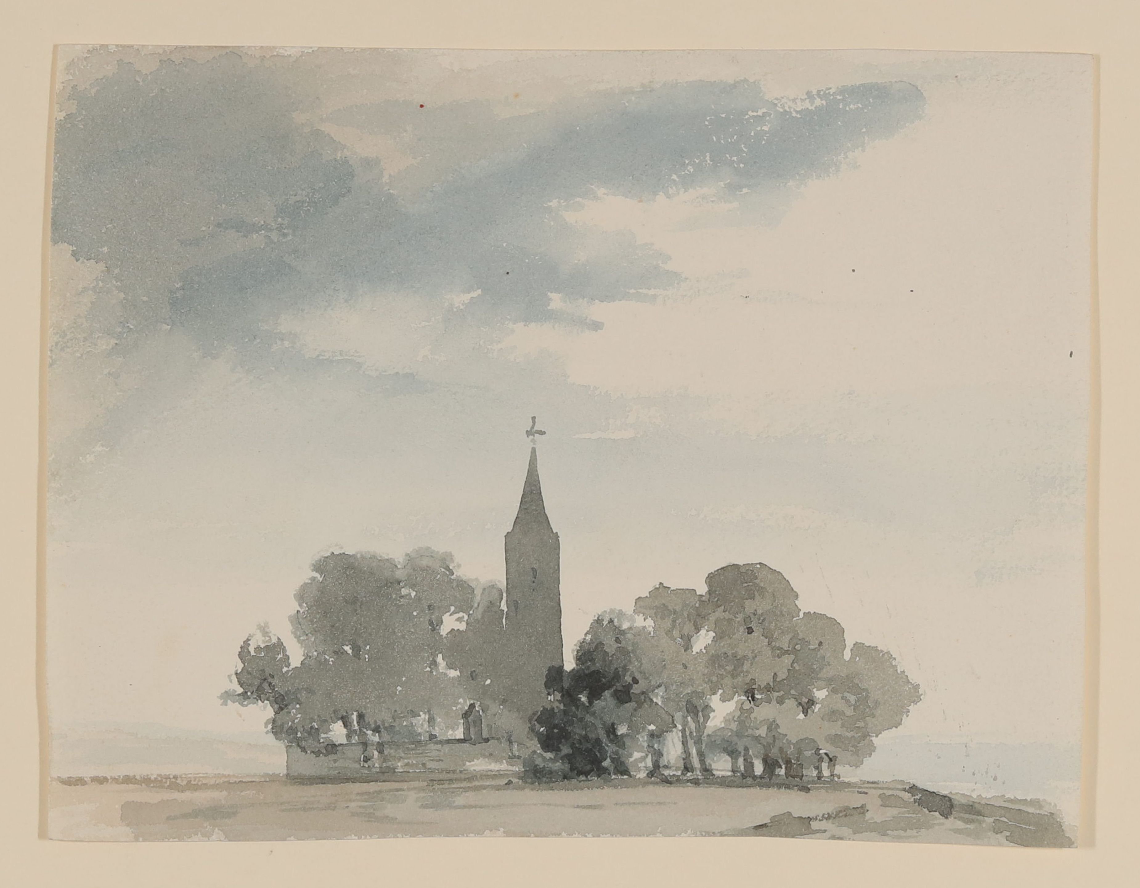 Maximiliane von Arnim, Kirche in einer Baumgruppe [lose einliegendes Blatt aus Maximiliane von Arnims Skizzenbuch mit Motiven aus Wiepersdorf und Rügen]