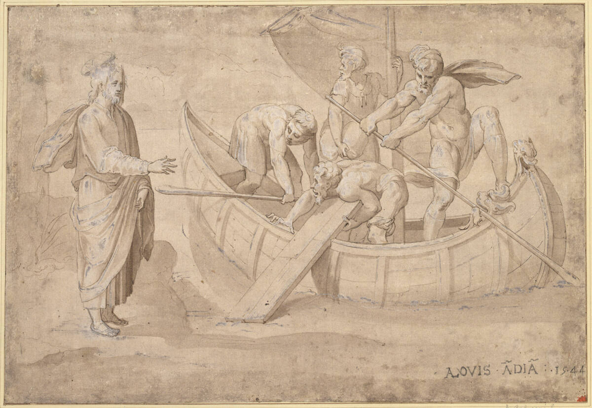 Anonym, Christus tritt am Ufer des Sees Genezaret zu vier Aposteln, die gerade mit einem Boot landen