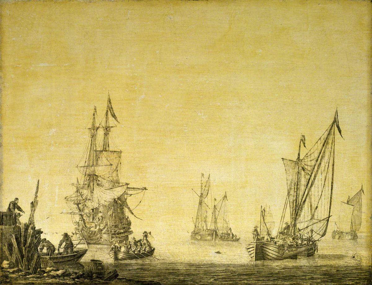 Willem van de Velde the Elder, Calm: a kaag sailing out from the end of a pier