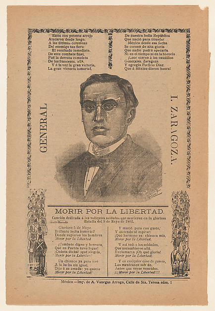José Guadalupe Posada, Broadside with a song honoring General Zaragoza and soldiers who died during a battle on May 5, portrait of the general
