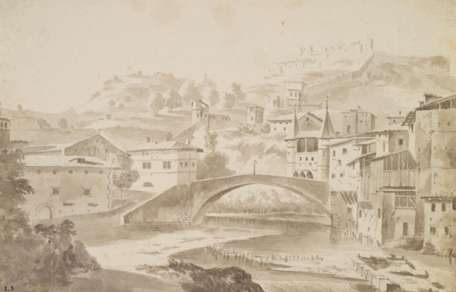 Frederik de Moucheron, Vienne, nær Lyon. Pont Saint-Martin over floden Gére. T.v. Prieuré de Saint-Martin, t.h. Porte de la Rochette og slottet Pipet