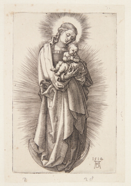 Albrecht Dürer, Madonna, med kort hår, vendt mod højre, stående på seglmåne