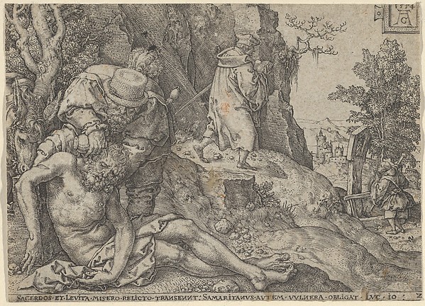 Heinrich Aldegrever, The Good Samaritan Tending the Traveller's Wounds with Oil and Wine or The Priest and the Levite Passing, from "The Parable of the Good Samaritan"