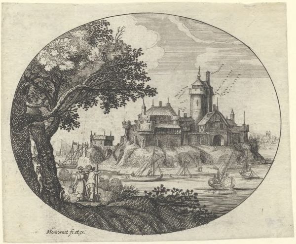 Moncornet, Balthasar, (approximately 1600-1668), (printmaker), Oval landscapes: Riverscape with a large castle in the background