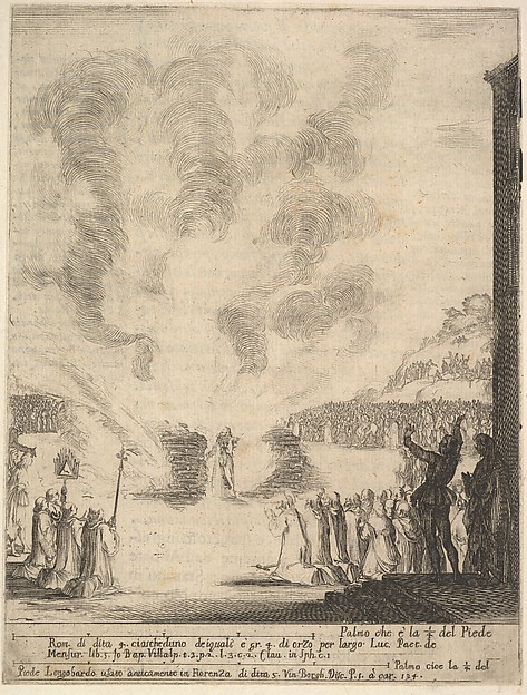 Stefano della Bella, The test of fire, the monk Peter, the disciple Saint John Gualbert, passing through the flames from two pyres unharmed, from "Frontispiece and four scenes from the life of Saint John Gualbert" (Frontispice et quatre vignettes pour une vie de Saint Jean Gualbert)