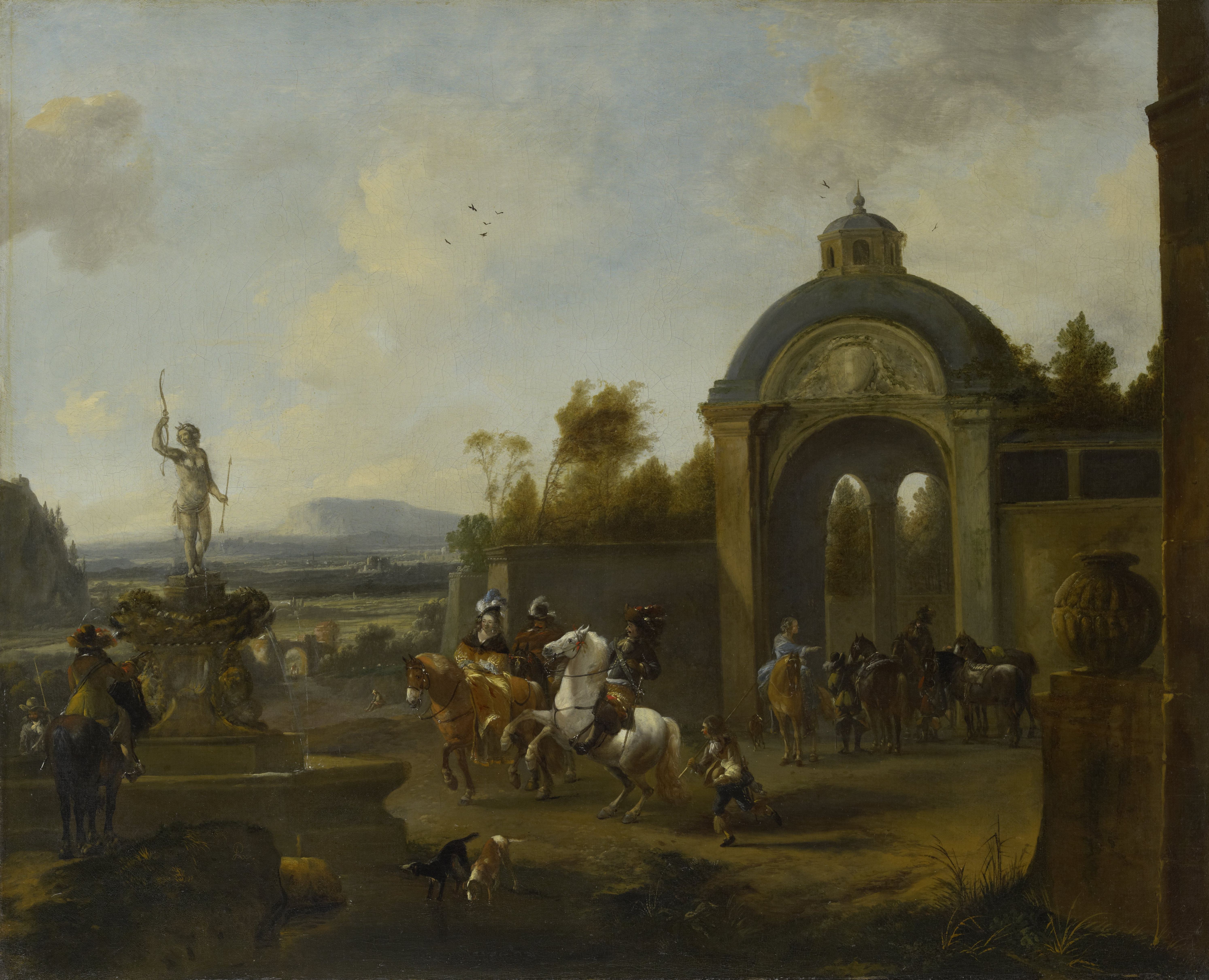 Pieter Wouwerman, Hunting party at a fountain
