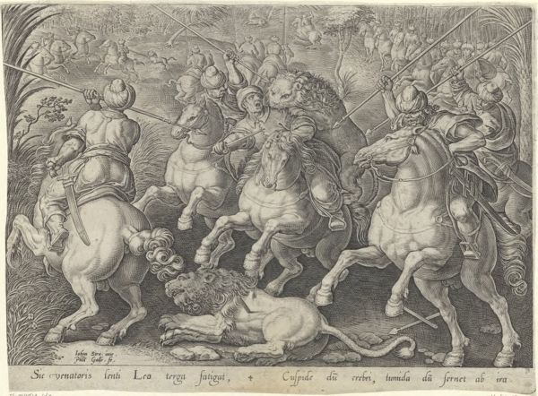 Galle, Philippe, (1537-1612), (printmaker), The hunting parties: Lion hunt