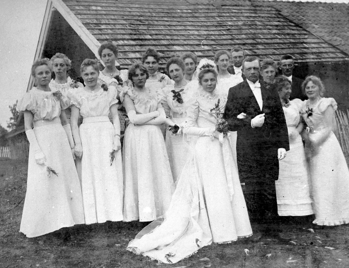 Anno Domkirkeodden, Brudebilde med brudepiker på Mølstad vestre, Nes, Hedmark. Brudeparet er Petra Andreasdatter Mølstad (1877-1960) og Even Berntsen Skinstad (1866-1935).