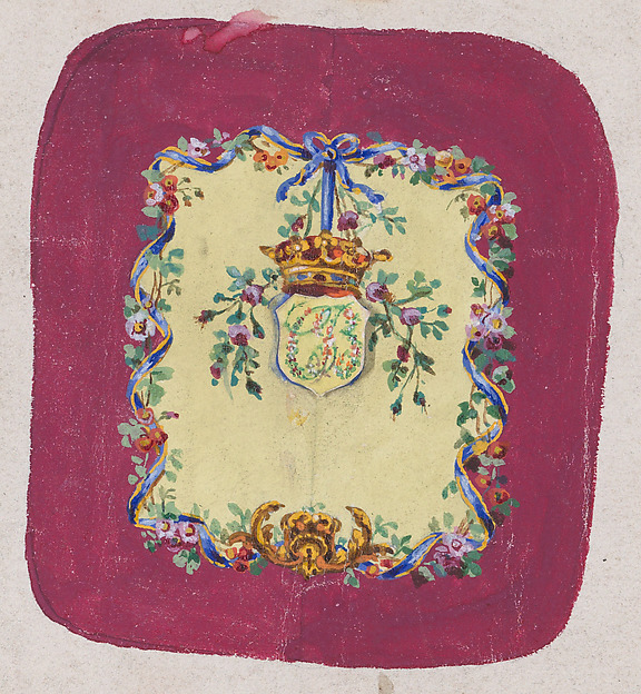Anonymous, French, 19th century, Design for a Chair Back Cover with an Ornamental Frame Formed by a Garland of Leaves and Flowers with an Interlacing Ribbon that Forms a Bow from which a Crown Motif with Monogram Hangs