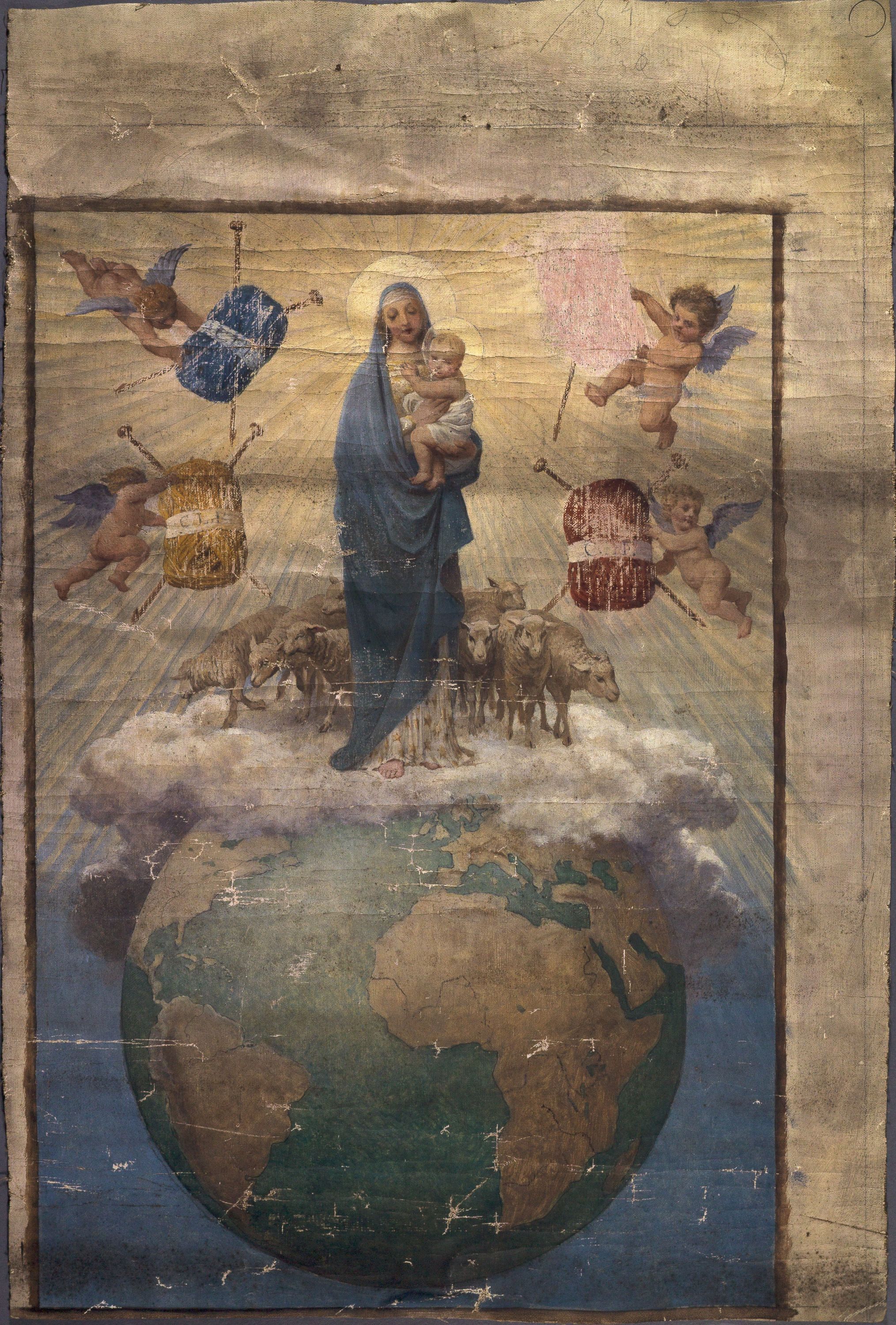 Anonyme, Vierge à l'enfant, entourée de moutons sur un nuage reposant sur un globe terrestre ; quatre angelots l'entourent, portant chacun une pelote de laine.