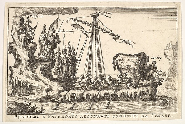 Anonymous, Plate 8: Polyphemus and Palemonius led by Ceres (Polifemo e Palemonio Argonauti condotti da Cerere), from "The magnificent pageant on the river Arno in Florence for the marriage of the Grand Duke" (Le Magnifique carousel fait sur le fleuve de l'Arne a Florence, pour le mariage du Grand Duc)