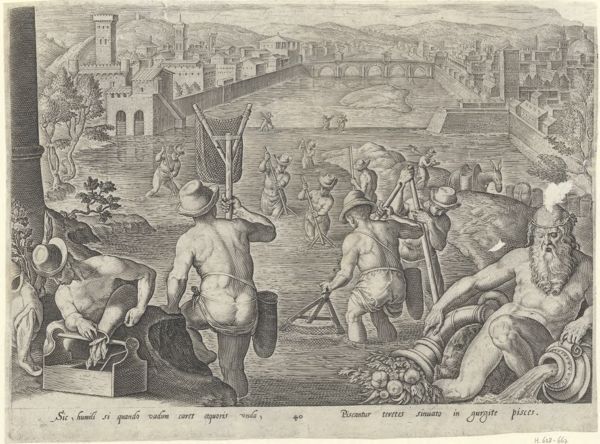 Galle, Philippe, (1537-1612), (printmaker), The hunting parties: Fishing with dipnets in the river Arno