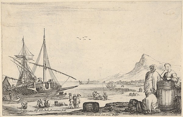 Stefano della Bella, A ship disembarking to left, two galley slaves stand and one sits next to a barrel to right, various other figures on the shore, a mountain to right in the background, from "Varie Figure"